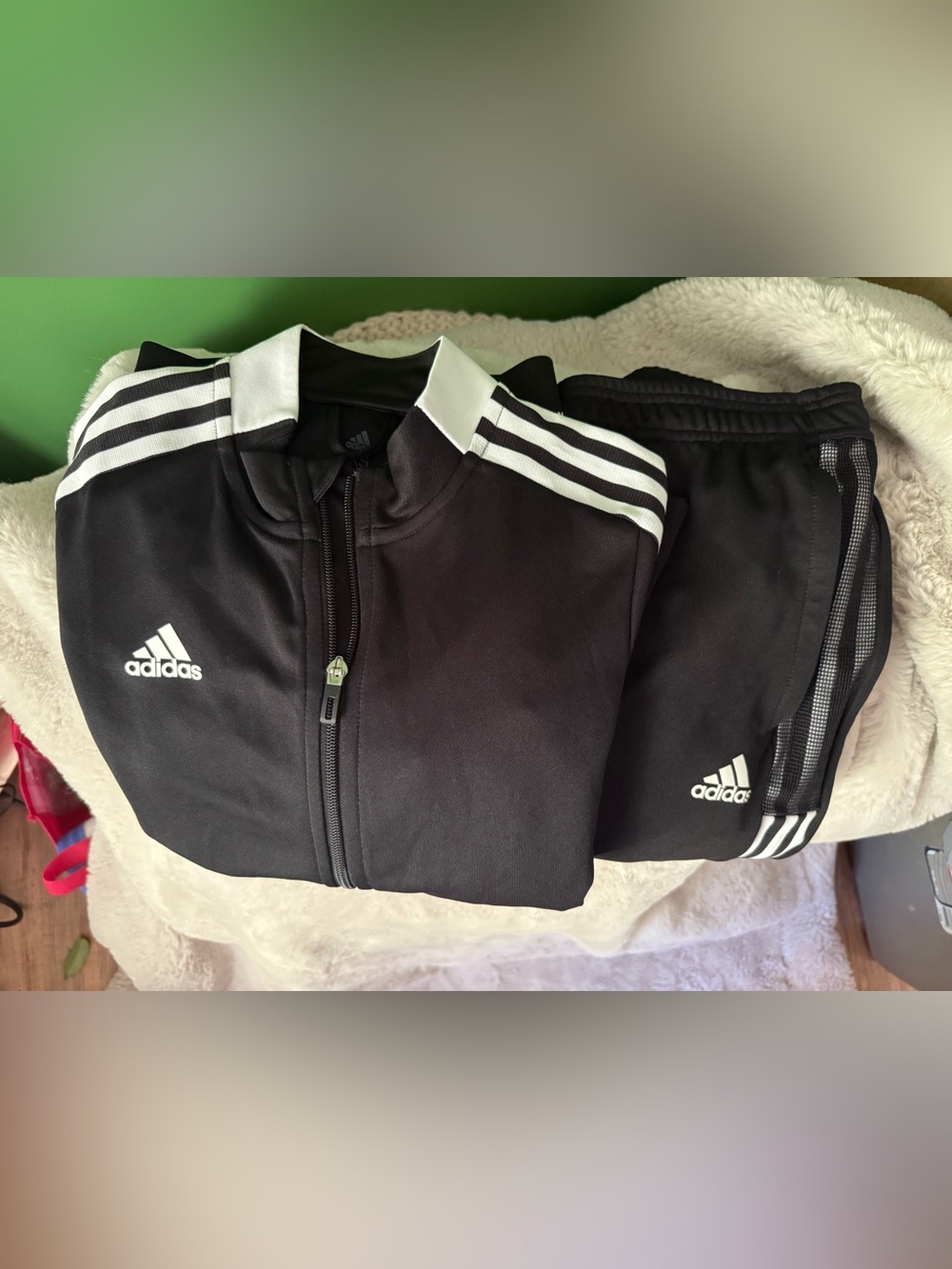 adidas Black Track Jacket and pants suit with White Stripes and Logo.